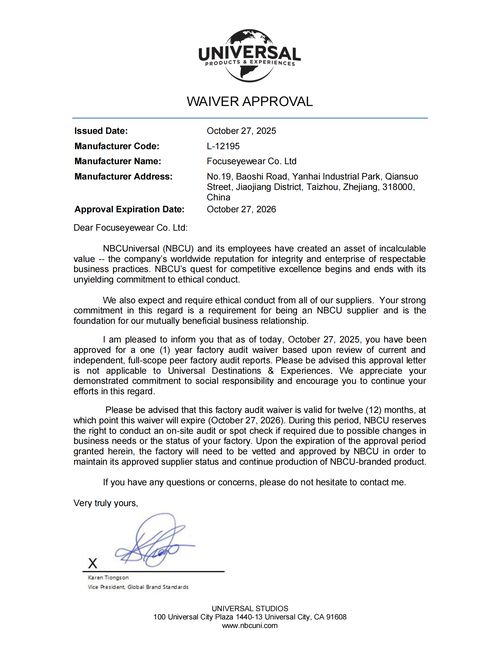 Universal Pictures Supplier Waiver Approval