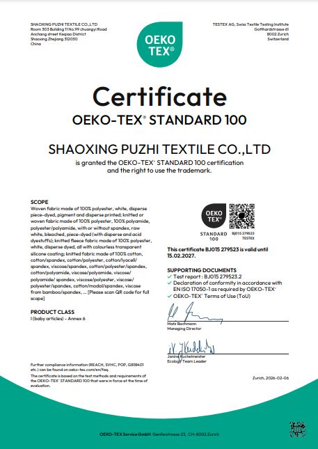 Oeko-tex Standard 100 Certification Certificate