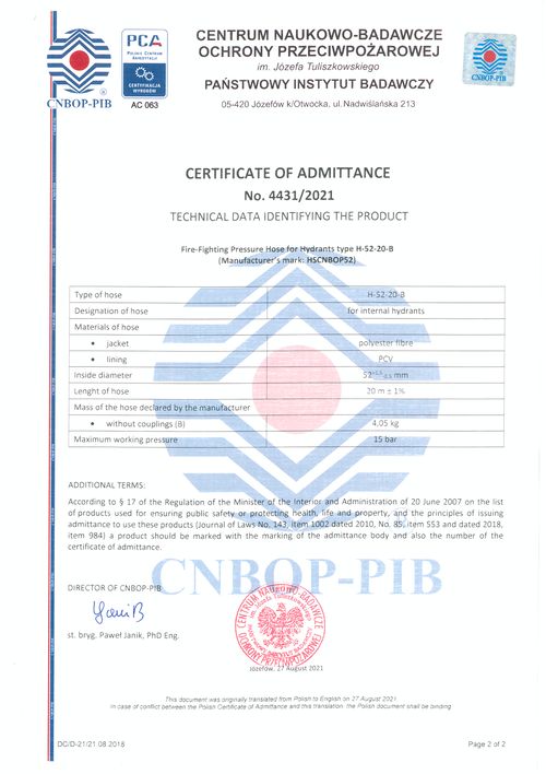 Fire Hose Access Certificate